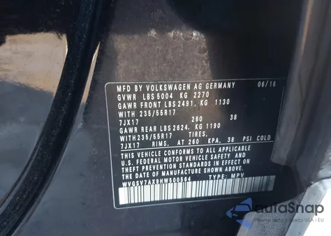 2017 Volkswagen Tiguan 2.0T Wolfsburg Edition z USA, uszkodzony, nr VIN WVGSV7AX9HW500564